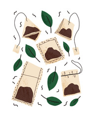 Tea bags objects set vector. Flat style kitchen illustrations