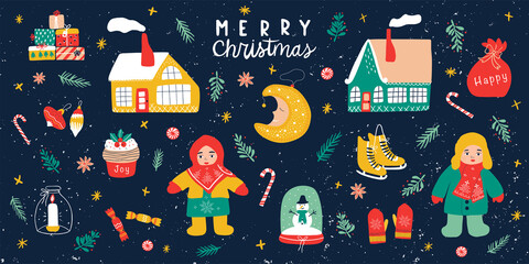 Christmas set on a dark background. Calligraphy, children, house, moon, candle, mistletoe, giftbox, snow globe. New Year holiday decoration elements. Hand drawn vector illustration