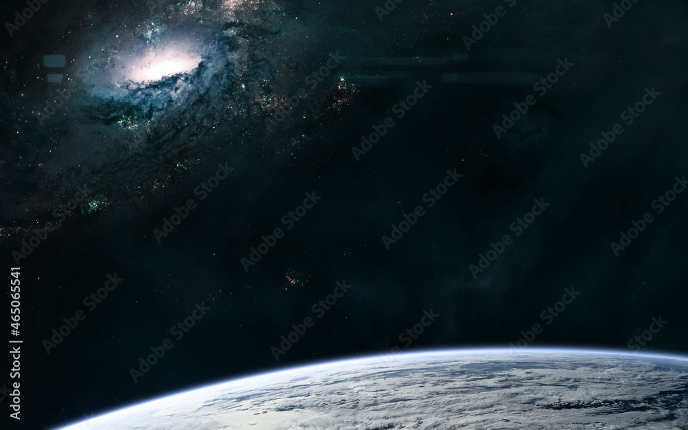 Wall mural spiral galaxy. deep space planet orbiting view. science fiction. elements of this image furnished by