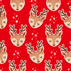 Deer head pattern design isolated on red background - funny hand drawn doodle, seamless pattern. Designer poster or t-shirt textile graphic design. Wallpaper, wrapping paper, background.