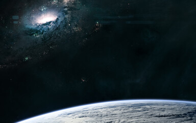 Spiral galaxy. Deep space planet orbiting view. Science fiction. Elements of this image furnished by NASA