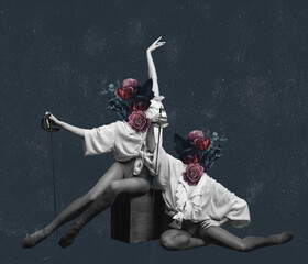 Contemporary art collage, modern design. Retro style. Couple of dancers, ballerinas headed with flowers and plants on dark background.