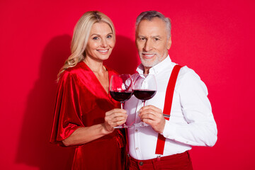 Photo of retired girlfriend boyfriend romantic drink wine anniversary feelings event xmas isolated over red color background