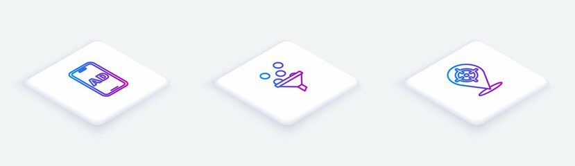 Set Isometric line Advertising, Lead management and Target. White square button. Vector