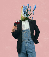 Contemporary art collage, modern design. Retro style. Young man headed with flowers and plants on light background.