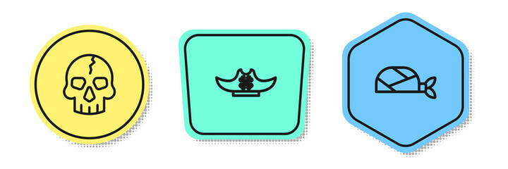 Set line Skull, Pirate hat and bandana for head. Colored shapes. Vector