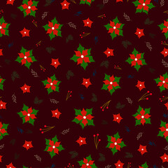 Christmas pattern with red flowers and berries on a burgundy background. Cozy winter flower arrangement.