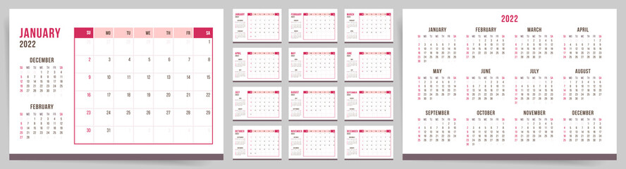 2022 Calendar template design. Week starts on Sunday pink office calendar for businesswoman. Desktop planner in simple clean style. Corporate or business calendar. English vector calendar layout.
