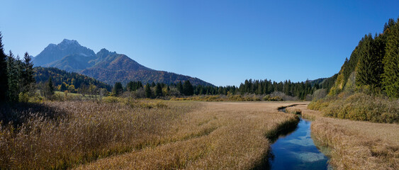 landscape view of the Zelenci Nature Reserve in northern Slovenia with Triglav National Park in the background