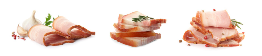 Delicious smoked bacon on white background, collage. Banner design