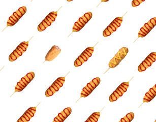 Delicious deep fried corn dogs on white background, collage