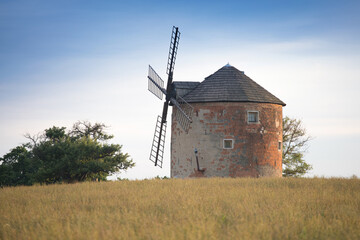 Fototapeta na wymiar Old windmill on a hill in the rays of the sun at sunset, green fields. Spring rural landscape with an old mill. South Moravia. Czech Republic.