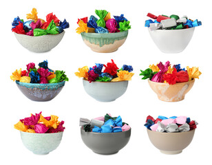 Set with tasty candies in colorful wrappers on white background