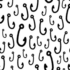 Black drawn ink fishing hooks isolated on white background. Cute monochrome seamless pattern. Vector simple flat graphic hand drawn illustration. Texture.