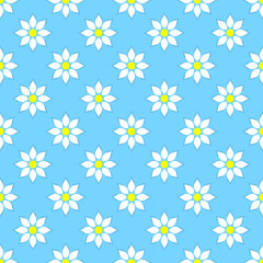 Beautiful white flowers isolated on a light blue background. Cute floral seamless pattern. Vector simple flat graphic illustration. Texture.