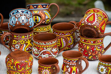 Traditional homemade ceramic pots on traditional crafts fair