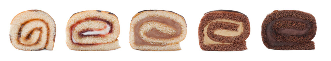 Set with different tasty cake rolls on white background. Banner design