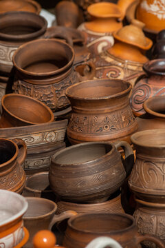 Traditional homemade ceramic pots on traditional crafts fair