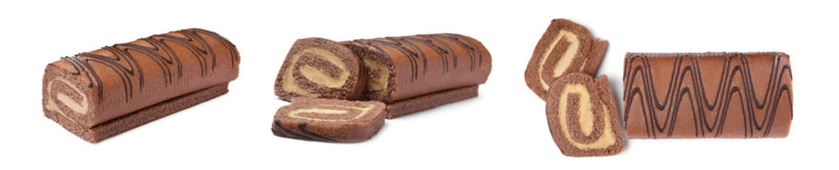 Set with tasty chocolate cake rolls on white background. Banner design