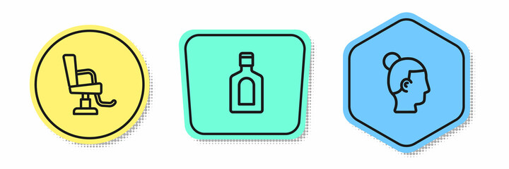 Set line Barbershop chair, Bottle of shampoo and Hairstyle for men. Colored shapes. Vector