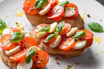 bruschetta caprese. fresh basil leaves, ripe aromatic tomatoes and Italian mozzarella on bruschetta, drizzled with olive oil and sprinkled with pepper and herbs.