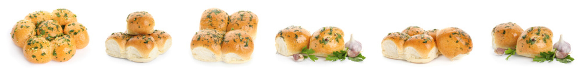 Traditional Ukrainian buns (Pampushky) on white background, collage. Banner design