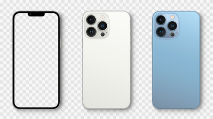 Realistic models smartphone with transparent screens. Smartphone mockup collection. Device front view. 3D mobile phone with shadow on transparent background - stock vector.