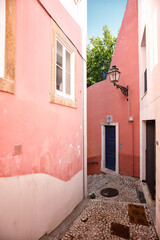 Narrow Street with Pink Houses in Lisbon, Portugal