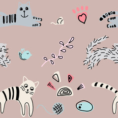 Seamless pattern with cute funny cats. Vector illustration. It can be print and used as wallpaper, packaging, wrapping paper, fabric and etc.