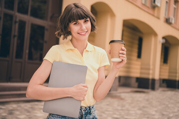 Photo of charming brunette young woman lady hold hands tea cup computer outside outdoors city town