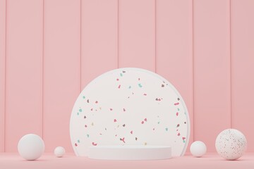 3d abstract white platform showcase for product and cosmetic presentation with terrazzo idea concept. Minimal Podium for mock up and advertising. Render geometric design scene for web banner.