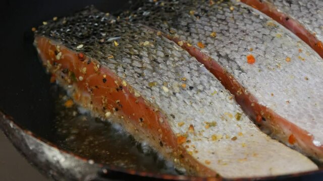 Fillet of red fish salmon salted and seasoned with pepper fried in a frying pan in the home kitchen close up view