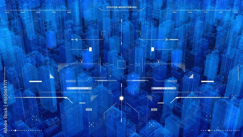 Poster Futuristic HUD UI Security Screen Monitoring Digital City Wireframe Element System Analysis 4K Motion Background.