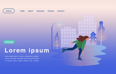 Girl skating on the background of the city. Evening city. 
 Vector illustration for poster, banner, website.