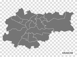 High Quality map of Krakow is a city  The Poland, with borders of the regions. Map Krakow for  Lesser Poland your web site design, app, UI. EPS10.
