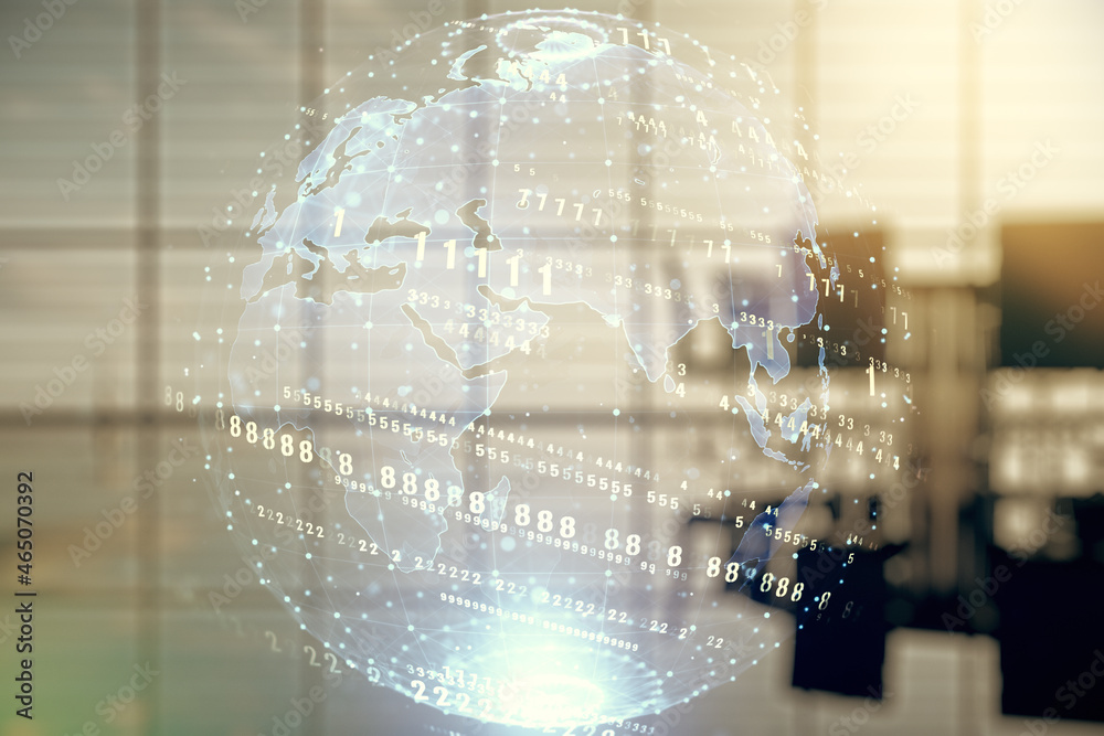 Poster multi exposure of abstract programming language hologram and world map on a modern furnished office 