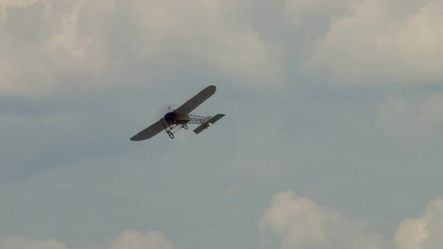 French Bleriot XI reconnaissance aircraft performs aerobatics at celebration 100th anniversary Russian Air Force. Close-up. Retro aviation First World War. Zhukovsky, Russia - August 10, 2012. 

