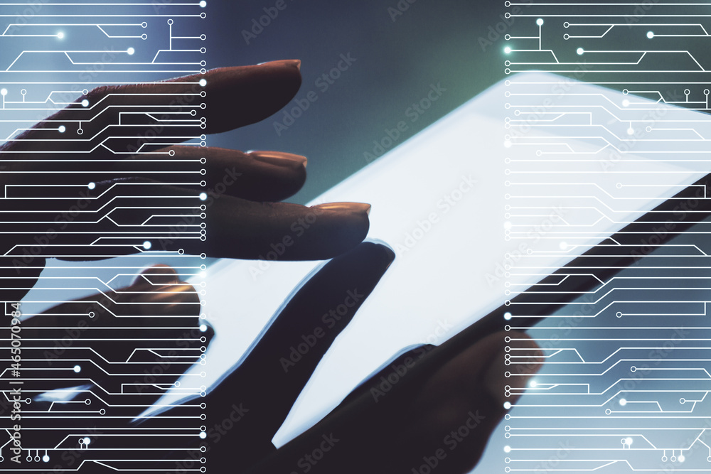 Poster Creative abstract micro chip hologram and finger presses on a digital tablet on background, artificial intelligence and machine learning concept. Multi exposure