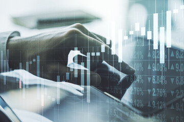Double exposure of abstract creative financial diagram with finger clicks on a digital tablet on background, banking and accounting concept