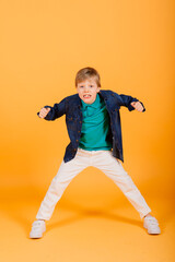 Fototapeta na wymiar Grimacing emotional redhead fasion boy posing in yellow studio
