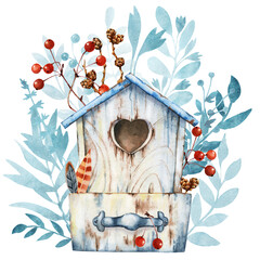 Empty wooden birdhouse with nest. Flowers for home comfort. Winter Christmas and Easter decor. Hand drawn watercolor illustration isolated on white background close-up