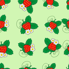 The pattern consists of attributes of a summer and autumn garden and forest, strawberry berries with leaves and flowers. Suitable for nature, summer, fruit and background printing