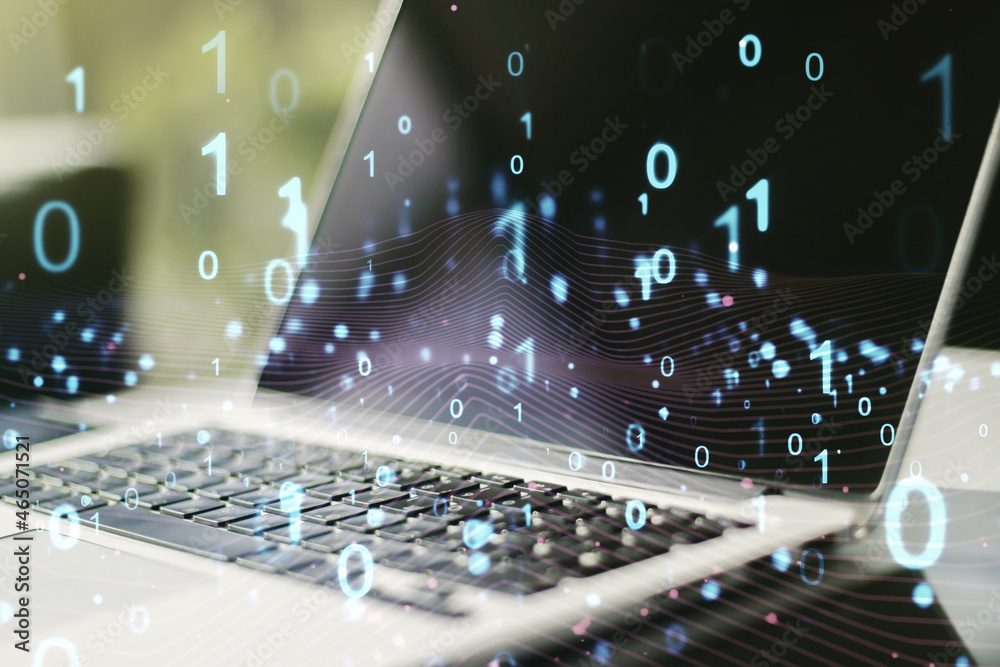 Poster creative abstract binary code hologram on modern computer background, ai and machine learning concep