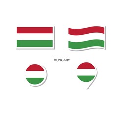 Hungary flag logo icon set, rectangle flat icons, circular shape, marker with flags.