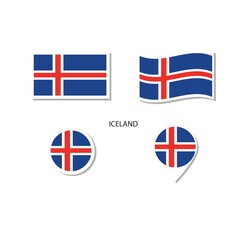 Iceland flag logo icon set, rectangle flat icons, circular shape, marker with flags.
