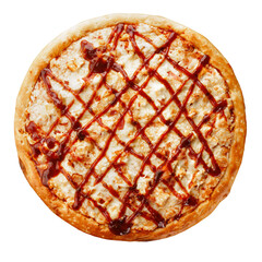 Pizza with barbecue sauce top view isolated on a white background.