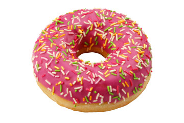 Strawberry donut with pink glaze isolated over white background top view.