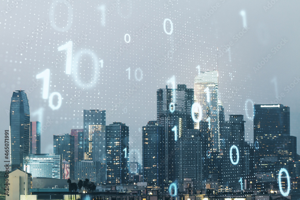 Poster double exposure of abstract virtual binary code hologram on los angeles city skyscrapers background.
