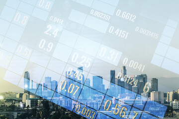 Multi exposure of abstract virtual graphic data spreadsheet sketch on Los Angeles cityscape background, analytics and analysis concept