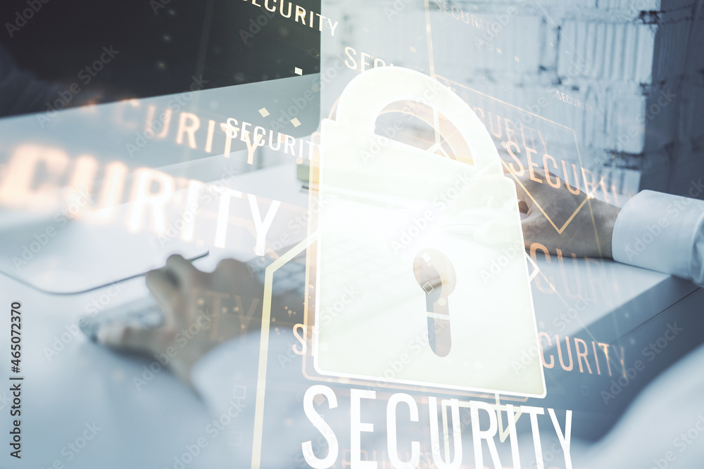 Poster creative lock illustration with microcircuit and hands typing on computer keyboard on background, cy